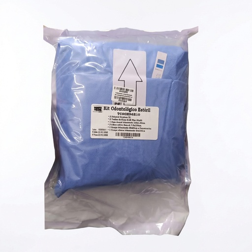KIT QUIRURGICO ESTERIL ODONTOLOGICO - INCLUYE 2 TOALLAS DE MANO 30X40CM - 2 DELANTAL CIRUJANO - 1 CAPA DENTAL BILAMINADA 100X155CM - 1 CAMPO 80X80 / CON FENESTRACION - 2 CUBRE CABLE 7.5X150CM - 1 CAMPO CLINICO 80X100CM